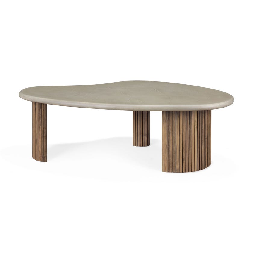 Table basse de jardin Boomerang - Plateau en béton vernis - piètement en teck recyclé - Light Grey - forme organique 126cm Table basse de jardin Boomerang - Plateau en béton vernis - piètement en teck recyclé - Light Grey - forme organique 126cm