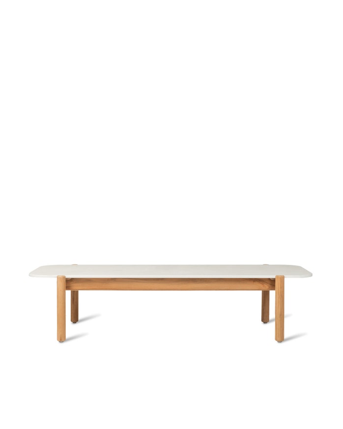 Table basse rectangulaire ODA, 129 x 53 cm, Structure teck, Plateau céramique Portland Table basse rectangulaire ODA, 129 x 53 cm, Structure teck, Plateau céramique Portland