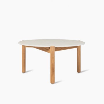 Table basse ronde ODA,  Ø.68 cm, Structure teck, Plateau céramique Portland