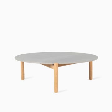 Table basse ronde ODA,  Ø.90 cm, Structure teck, Plateau céramique Flint
