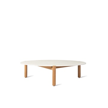 Table basse ronde ODA,  Ø.90 cm, Structure teck, Plateau céramique Portland