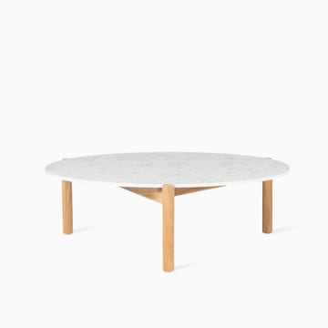 Table basse ronde ODA,  Ø.90 cm, Structure teck, Plateau céramique Shards