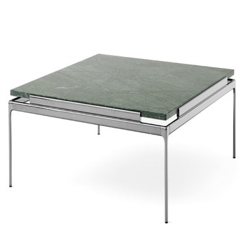 Table basse SETT LN13, Structure chrome foncé, Plateau marbre vert de Guatemala