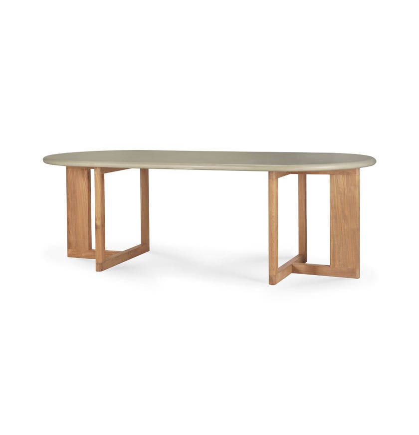 Table de jardin TRESTLE - Plateau en béton vernis - piètement en teck recyclé - Light Grey - oval