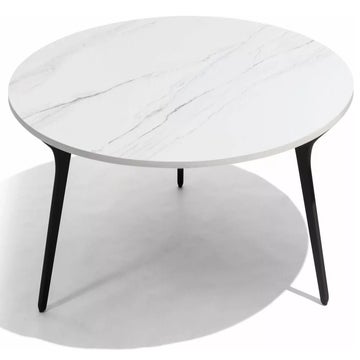Table basse TORSA de Manutti, D.100 cm, Piétement en teck noir, Plateau céramique finition marbre blanc