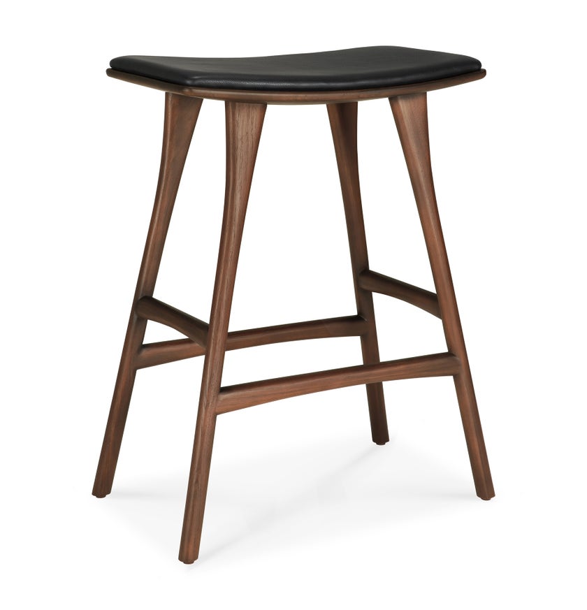 Tabouret de bar Osso - teck vernis - brun  - cuir Black