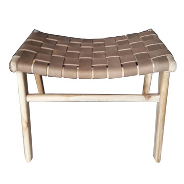 Tabouret / Repose pieds ADAM de Gong, Cuir noisette et teck brut