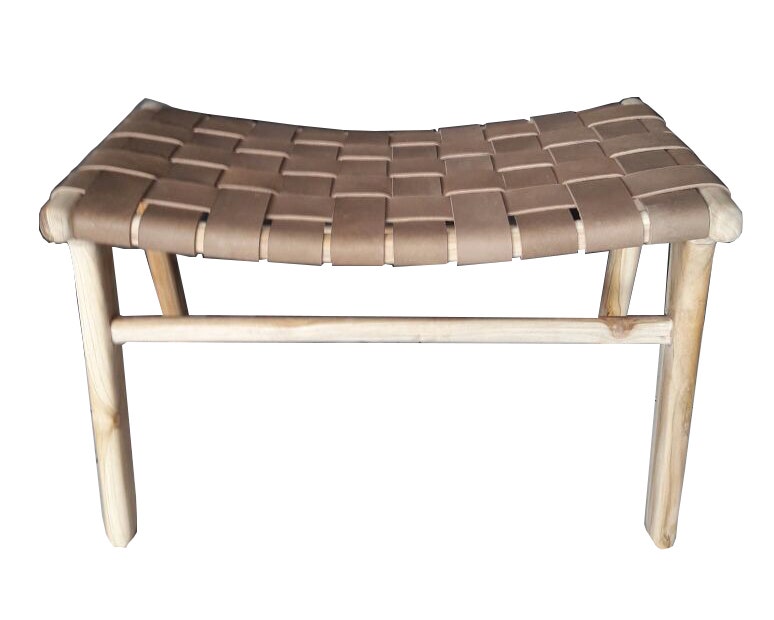 Tabouret / Repose pieds ADAM de Gong, Cuir noisette et teck brut Tabouret / Repose pieds ADAM de Gong, Cuir noisette et teck brut