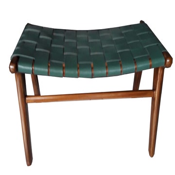 Tabouret / Repose pieds ADAM de Gong, Cuir vert et teck miel