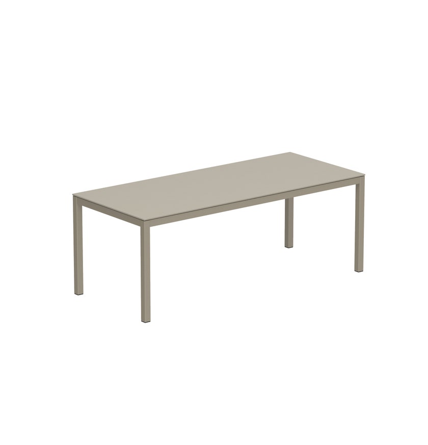Table de jardin TABOELA 210 x 90 de Royal Botania, Plateau céramique Pearl grey, Piètement inox Sand