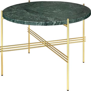 Table basse TS de Gubi, Pieds en laiton, Ø80, Marbre vert Guatemala