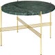 Table basse TS de Gubi, Pieds en laiton, Ø80, Marbre vert Guatemala