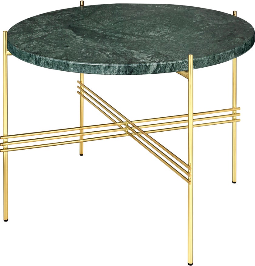Table basse TS de Gubi, Pieds en laiton, Ø80, Marbre vert Guatemala