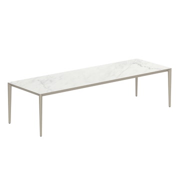 Table de jardin U-NIT 300 x 100 de Royal Botania, Pieds aluminium sable, Plateau céramique finition marbre blanc (BS)