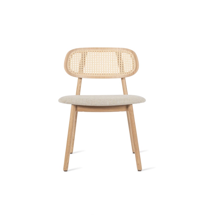 Chaise TITUS de Vincent Sheppard, Assise tissu Lime white bouclé sur structure en chêne naturel verni